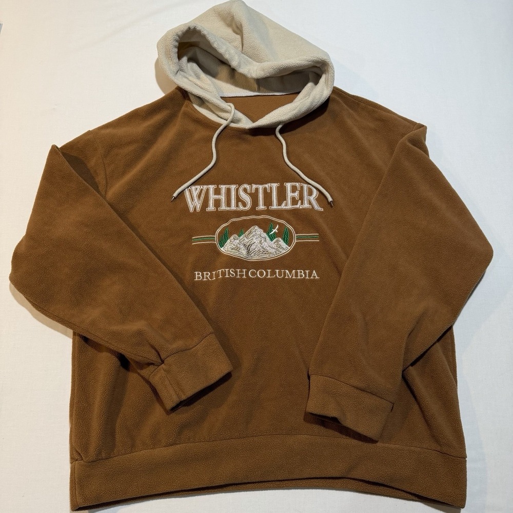 Vintage Whistler British Columbia Fleece Hoodie XL Brown Mountain Graphic